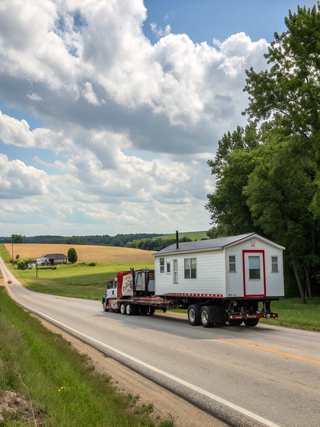 Mobile home being transported on a highway